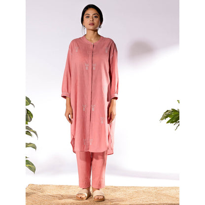 PANTS AND PAJAMAS Peach Chikan Cotton Kurta Shirt & Salwar (Set of 2)