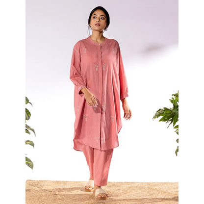 PANTS AND PAJAMAS Peach Chikan Cotton Kurta Shirt & Salwar (Set of 2)