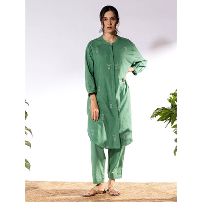 PANTS AND PAJAMAS Green Chikan Cotton Kurta Shirt & Salwar (Set of 2)
