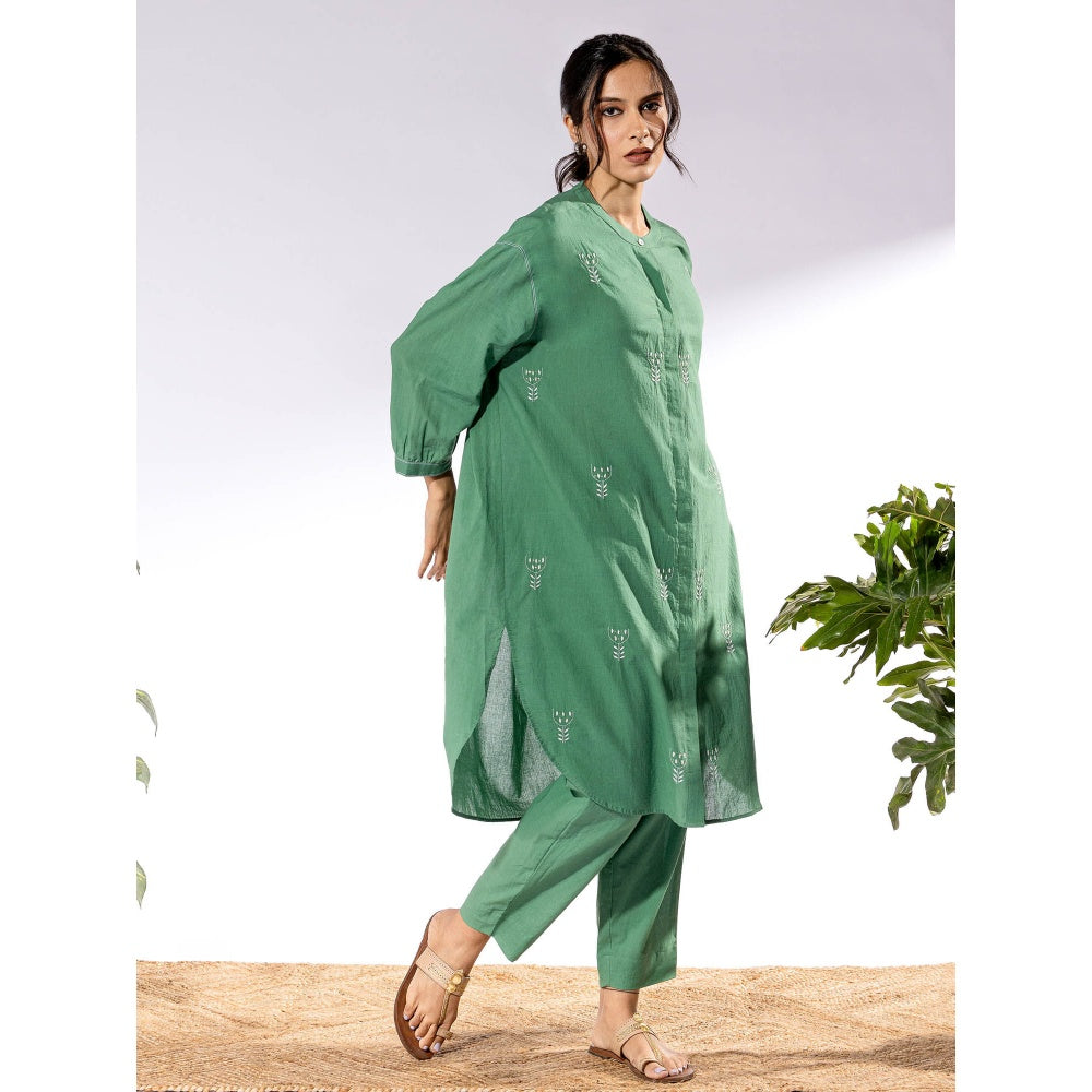PANTS AND PAJAMAS Green Chikan Cotton Kurta Shirt & Salwar (Set of 2)