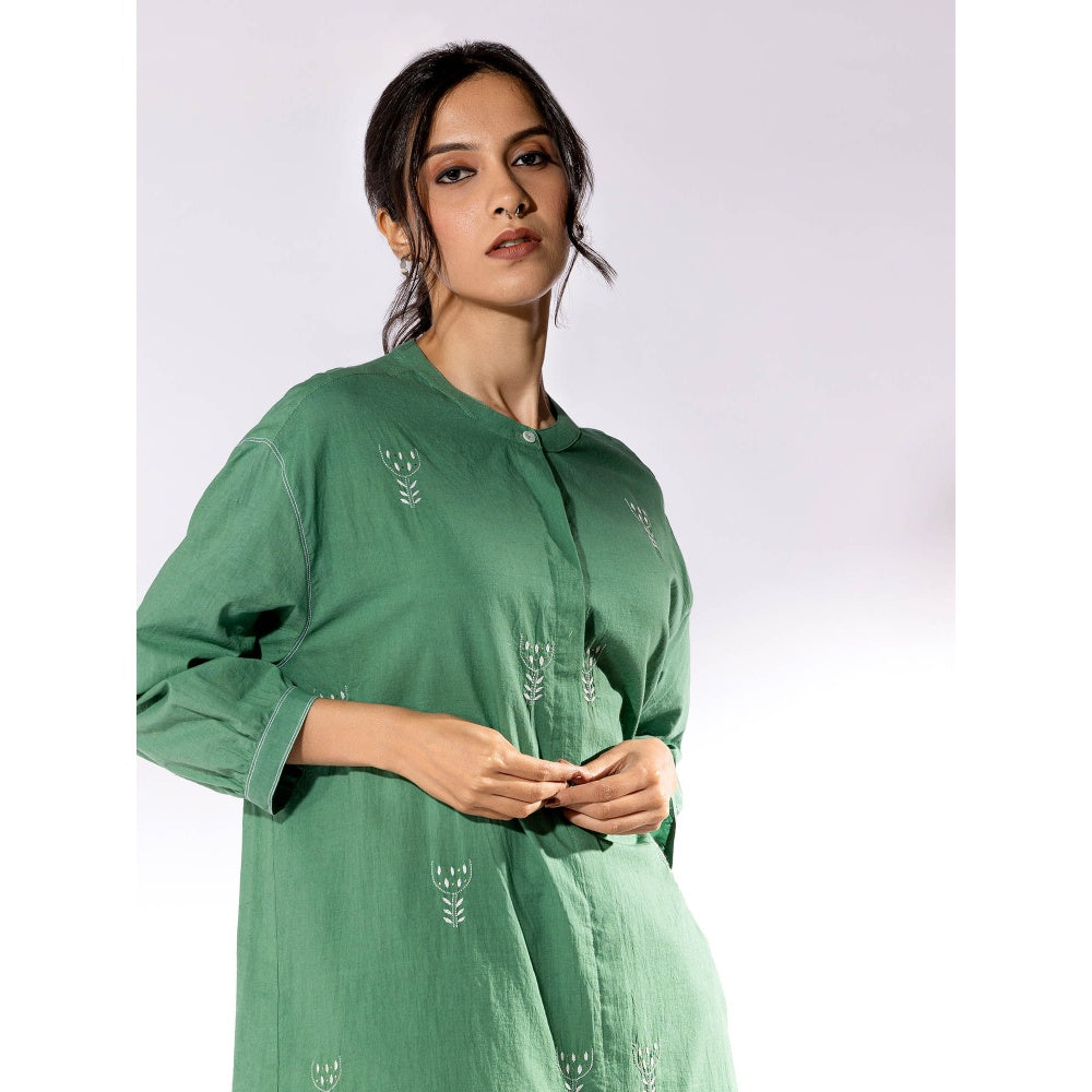 PANTS AND PAJAMAS Green Chikan Cotton Kurta Shirt & Salwar (Set of 2)