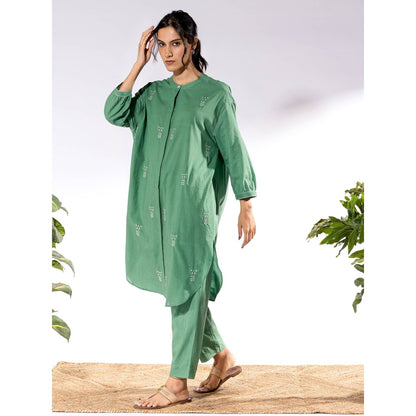 PANTS AND PAJAMAS Green Chikan Cotton Kurta