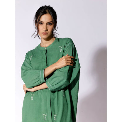 PANTS AND PAJAMAS Green Chikan Cotton Kurta