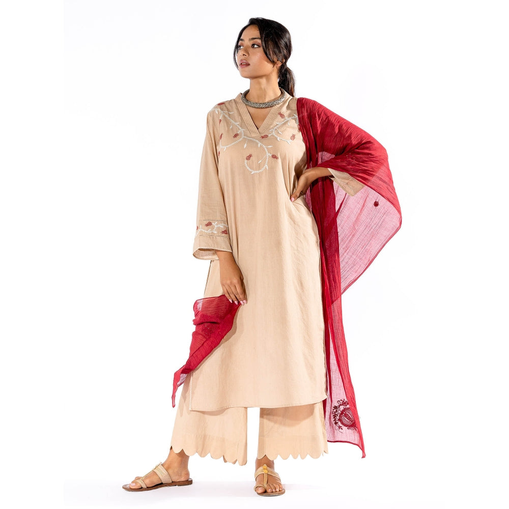 PANTS AND PAJAMAS Beige Chikan Cotton Kurta & Palazzo (Set of 2)
