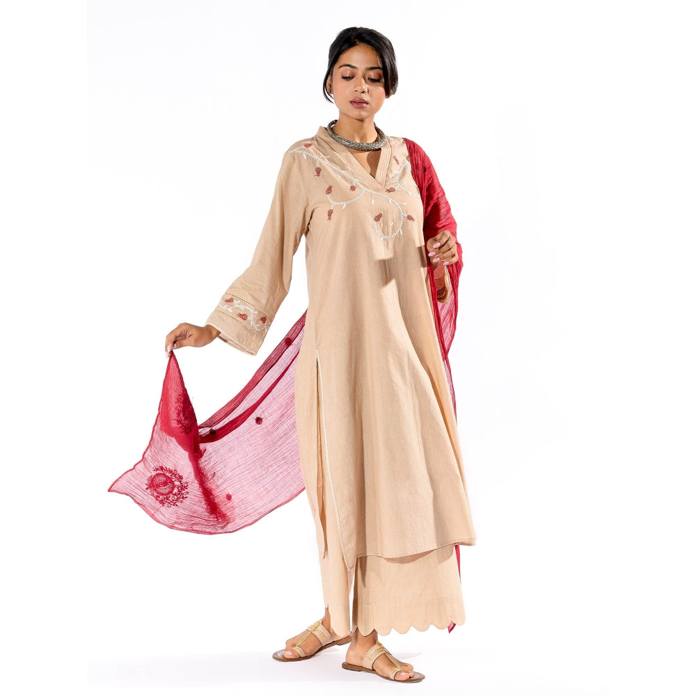 PANTS AND PAJAMAS Beige Chikan Cotton Kurta & Palazzo (Set of 2)