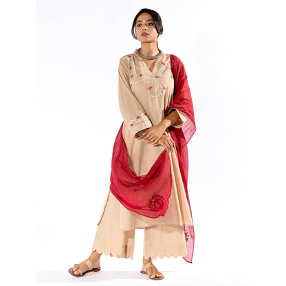 PANTS AND PAJAMAS Beige Chikan Cotton Kurta & Palazzo (Set of 2)