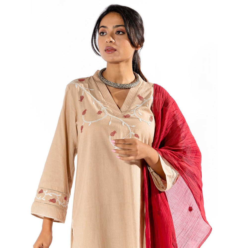 PANTS AND PAJAMAS Beige Chikan Cotton Kurta & Palazzo (Set of 2)