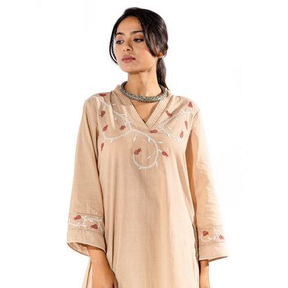 PANTS AND PAJAMAS Beige Chikan Cotton Kurta & Palazzo (Set of 2)