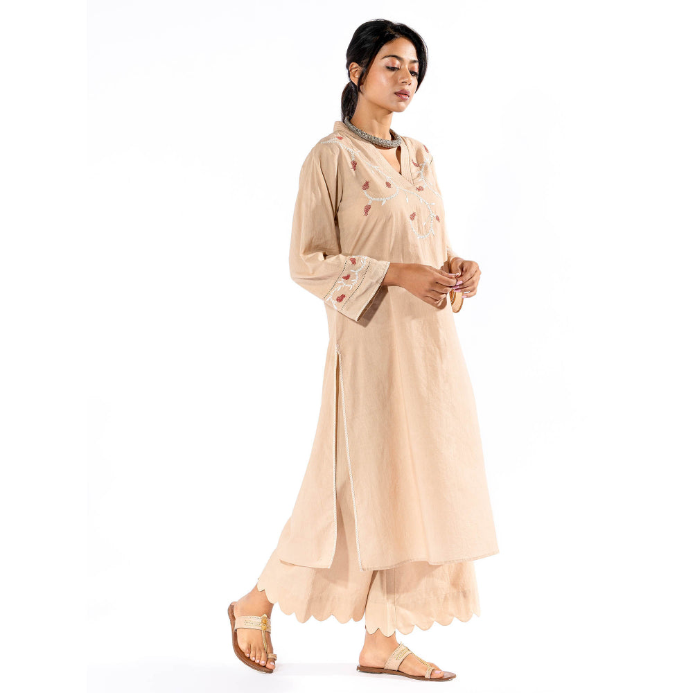 PANTS AND PAJAMAS Beige Chikan Cotton Kurta