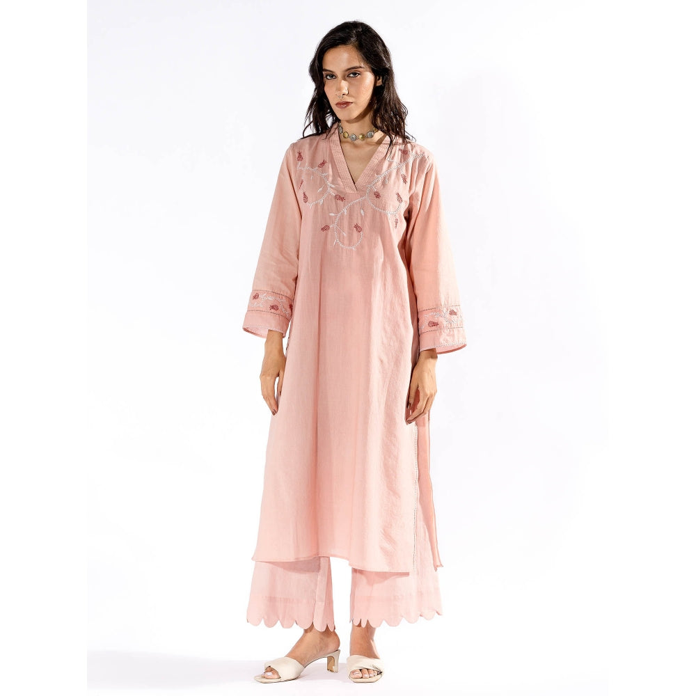 PANTS AND PAJAMAS Peach Chikan Cotton Kurta & Palazzo (Set of 2)