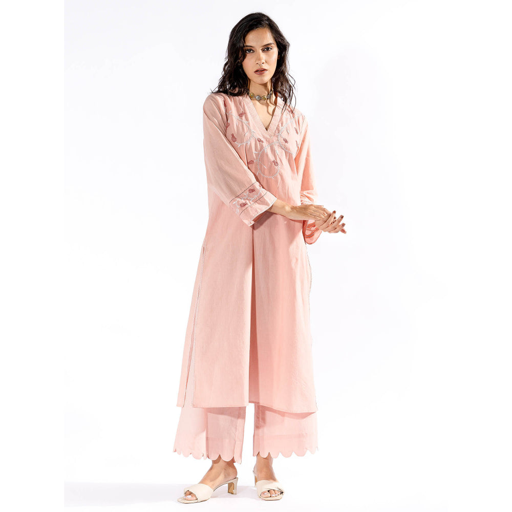 PANTS AND PAJAMAS Peach Chikan Cotton Kurta & Palazzo (Set of 2)