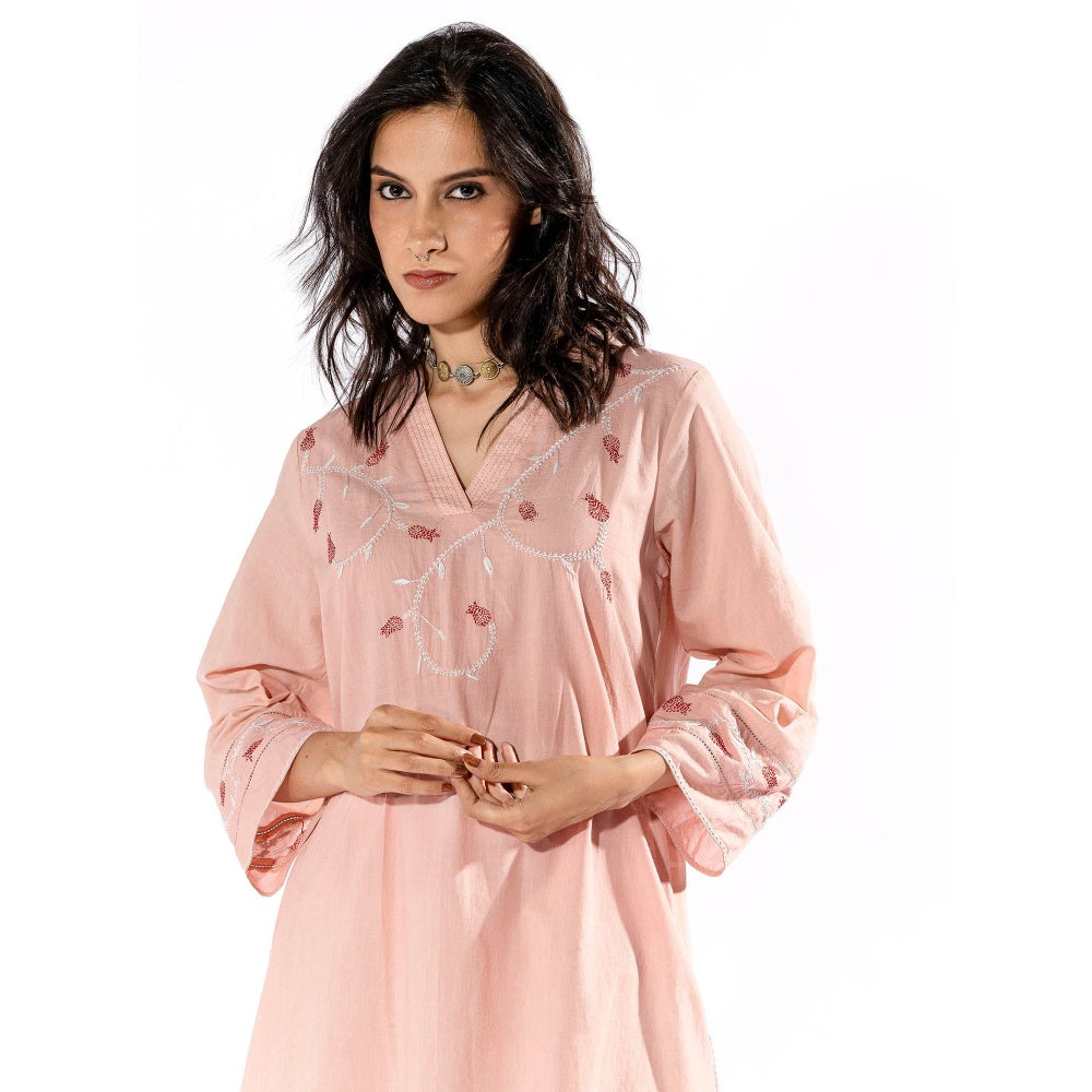 PANTS AND PAJAMAS Peach Chikan Cotton Kurta & Palazzo (Set of 2)