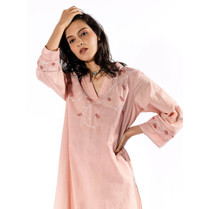 PANTS AND PAJAMAS Peach Chikan Cotton Kurta & Palazzo (Set of 2)
