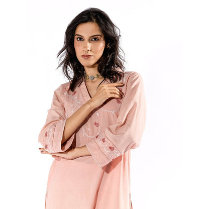 PANTS AND PAJAMAS Peach Chikan Cotton Kurta & Palazzo (Set of 2)