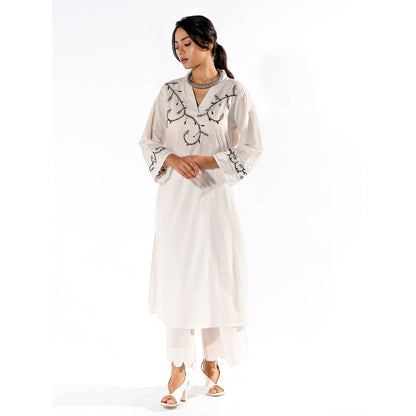 PANTS AND PAJAMAS White Chikan Cotton Kurta
