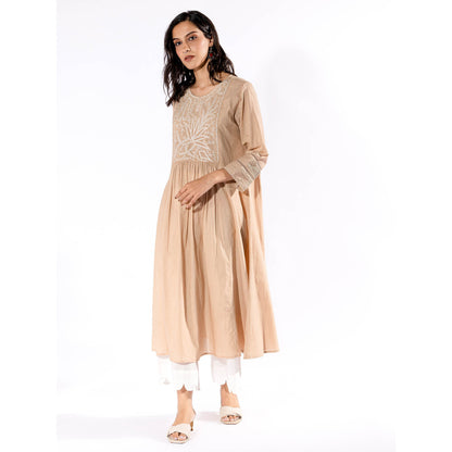 PANTS AND PAJAMAS Beige Chikan Cotton Kurta & Palazzo (Set of 2)