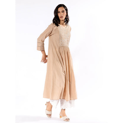 PANTS AND PAJAMAS Beige Chikan Cotton Kurta & Palazzo (Set of 2)