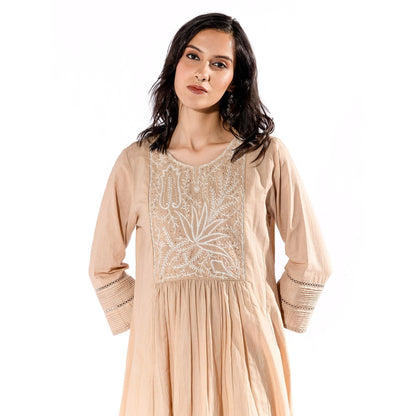PANTS AND PAJAMAS Beige Chikan Cotton Kurta & Palazzo (Set of 2)