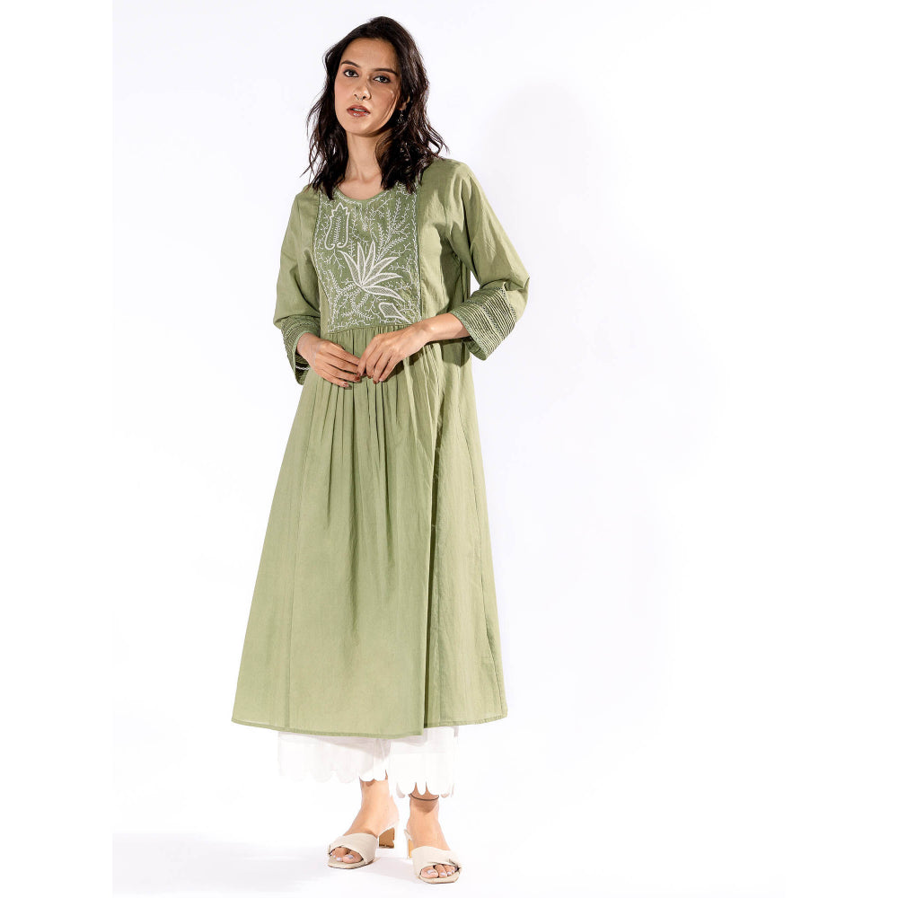 PANTS AND PAJAMAS Green Chikan Cotton Kurta