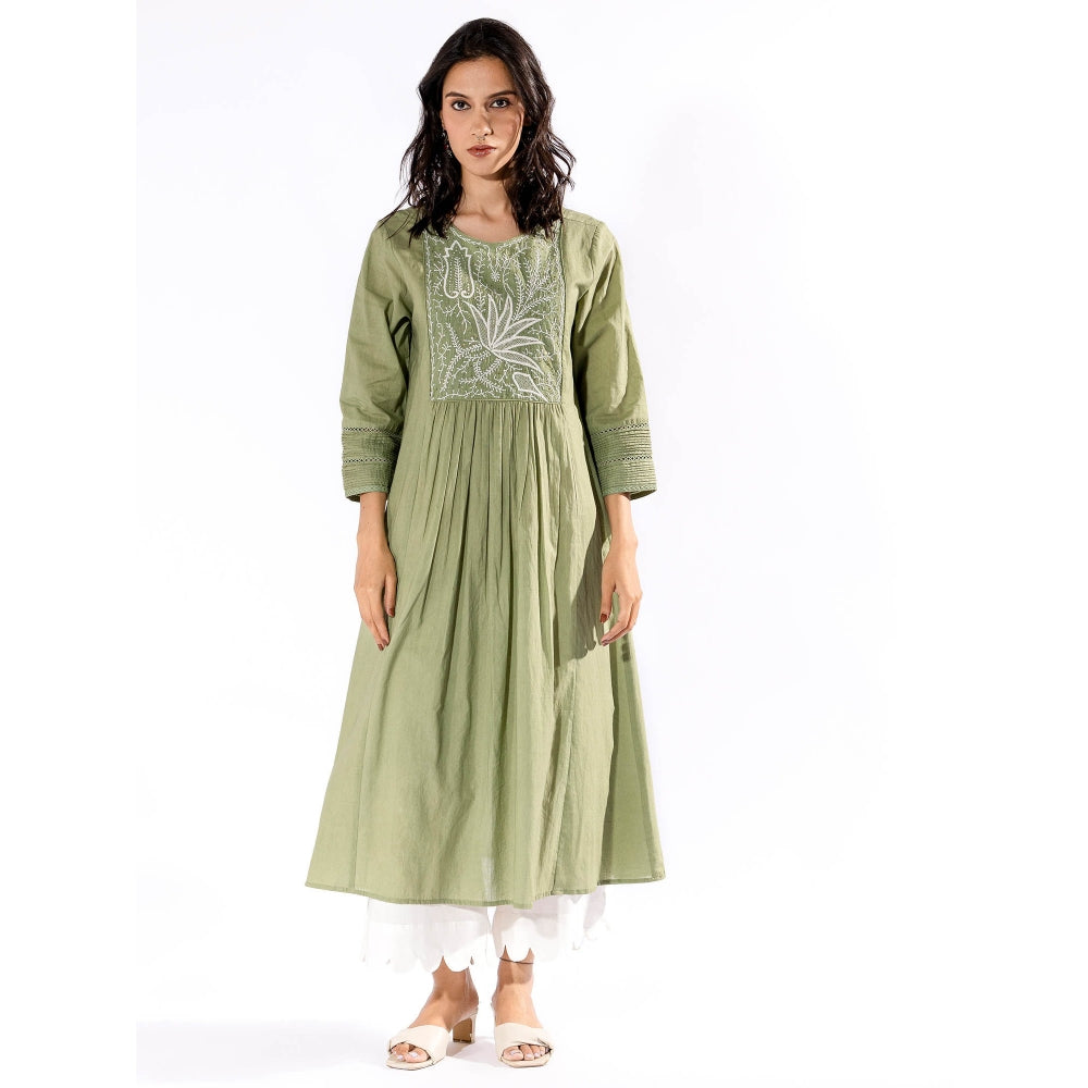PANTS AND PAJAMAS Green Chikan Cotton Kurta