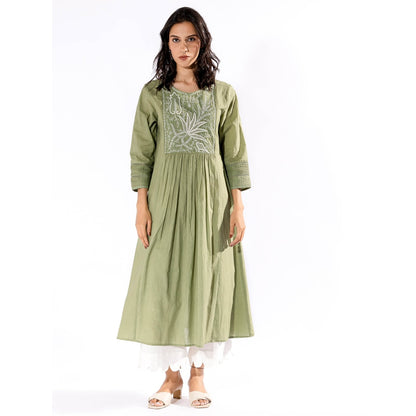 PANTS AND PAJAMAS Green Chikan Cotton Kurta