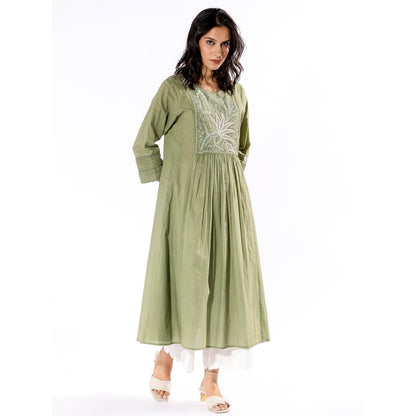 PANTS AND PAJAMAS Green Chikan Cotton Kurta