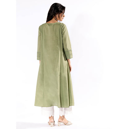 PANTS AND PAJAMAS Green Chikan Cotton Kurta