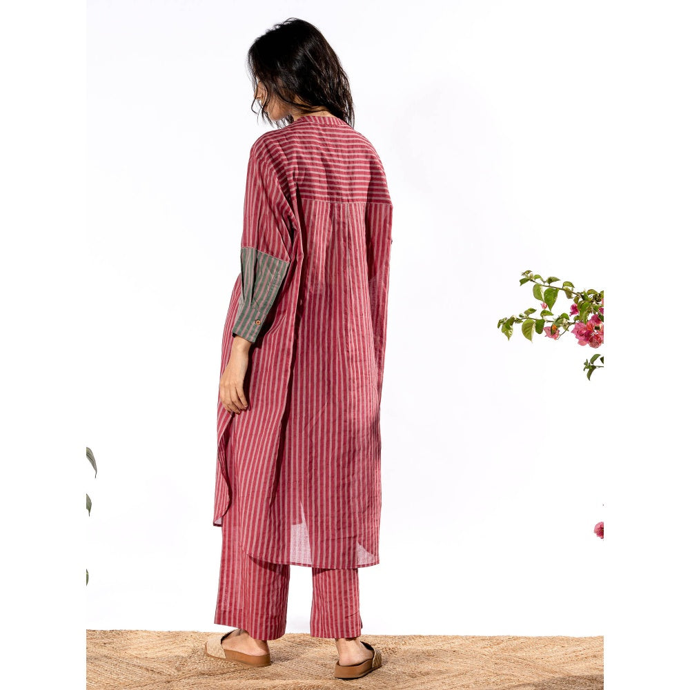 PANTS AND PAJAMAS Red & Lilac Cotton Kurta & Pant (Set of 2)