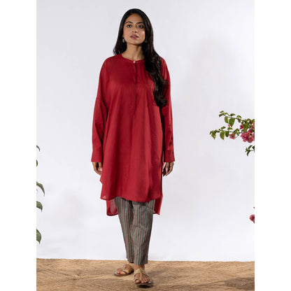 PANTS AND PAJAMAS Deep Red Tunic Shirt with Cotton Pant (Set of 2)