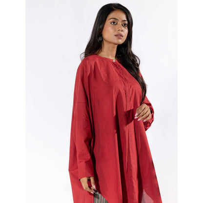 PANTS AND PAJAMAS Deep Red Tunic Shirt with Cotton Pant (Set of 2)