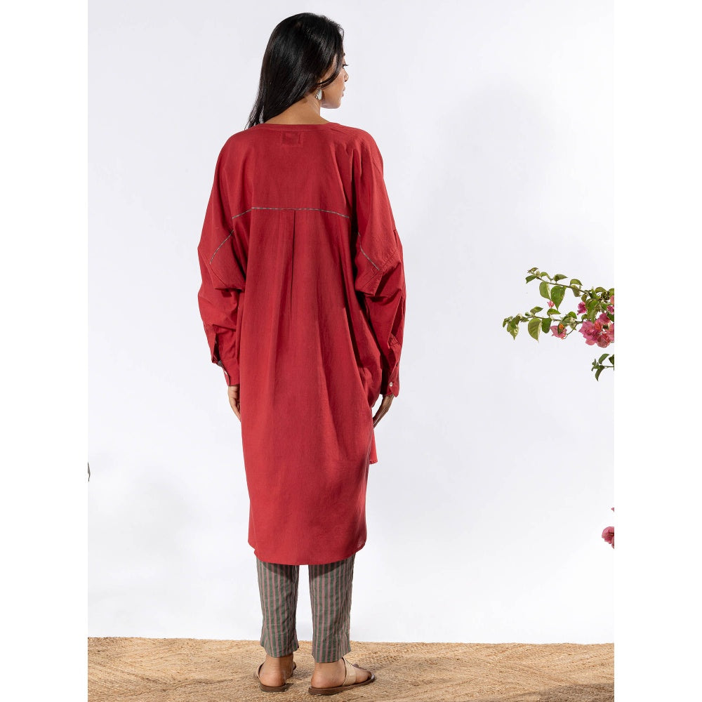 PANTS AND PAJAMAS Deep Red Tunic Shirt with Cotton Pant (Set of 2)