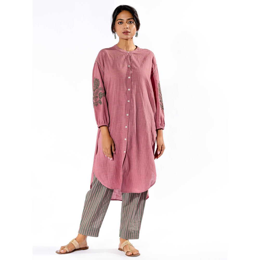 PANTS AND PAJAMAS Pink Cotton Tunic Shirt With Cotton Pant (Set of 2)