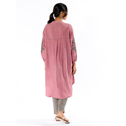 PANTS AND PAJAMAS Pink Cotton Tunic Shirt With Cotton Pant (Set of 2)
