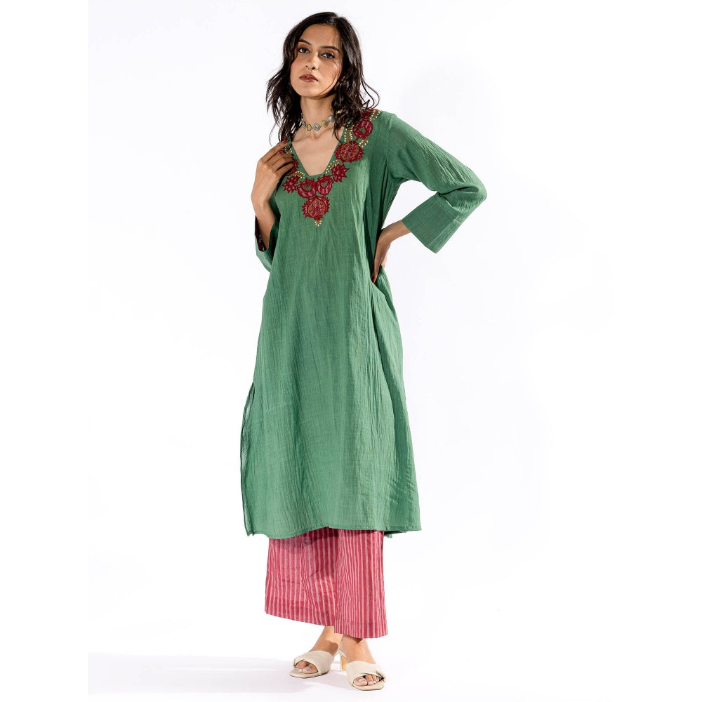 PANTS AND PAJAMAS Green Embroidered Kurta & Cotton Pant (Set of 2)