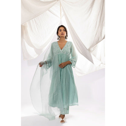 PANTS AND PAJAMAS Aqua Organza Dupatta with Thread Work On It.