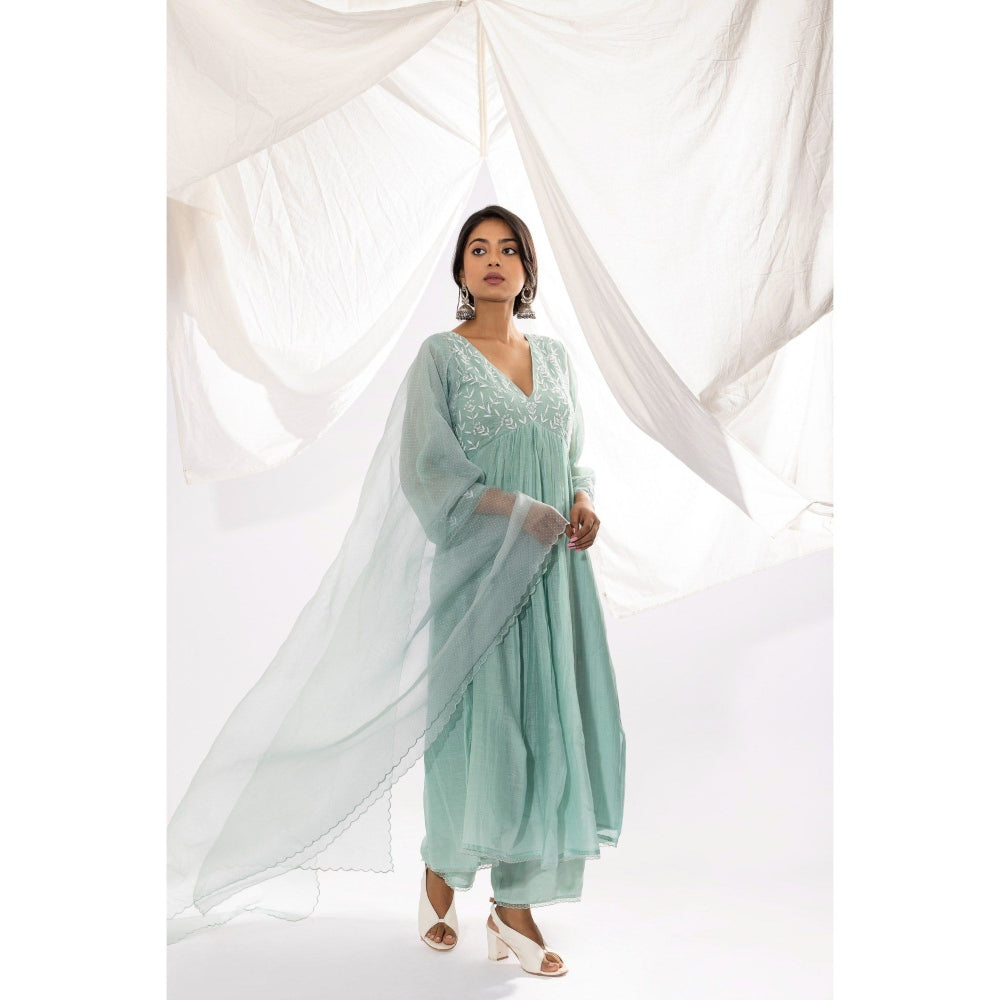 PANTS AND PAJAMAS Aqua Organza Dupatta with Thread Work On It.