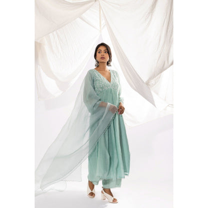 PANTS AND PAJAMAS Aqua Organza Dupatta with Thread Work On It.