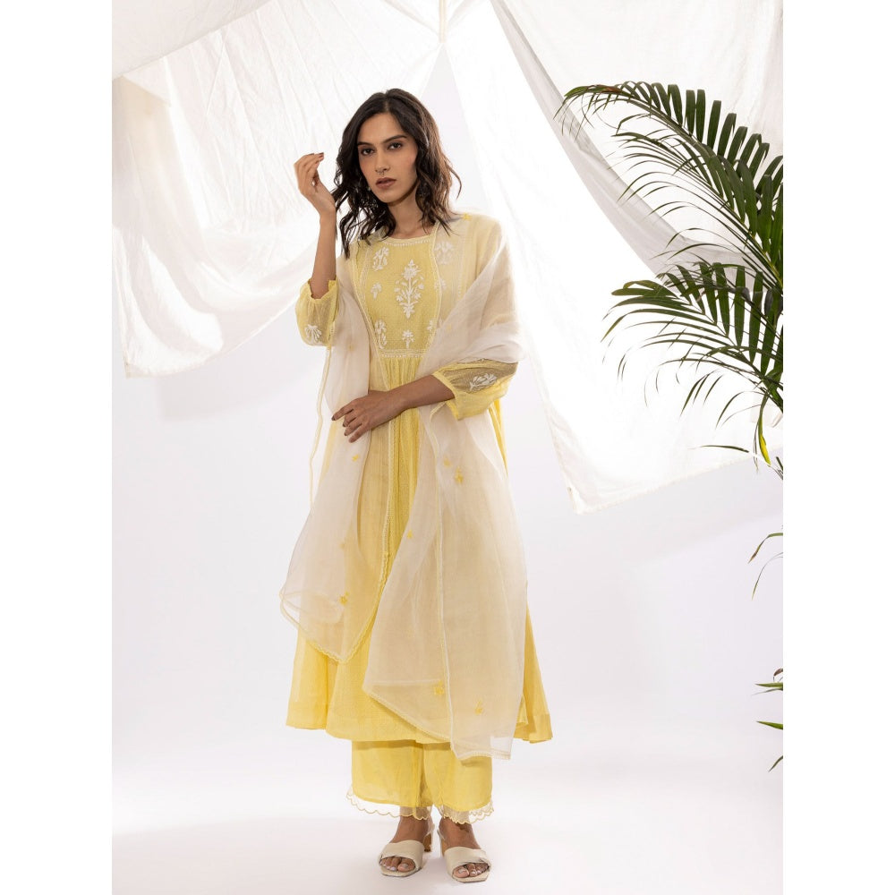 PANTS AND PAJAMAS Light Yellow Printed Chanderi Mull Kurta with Pant & Dupatta (Set of 3)