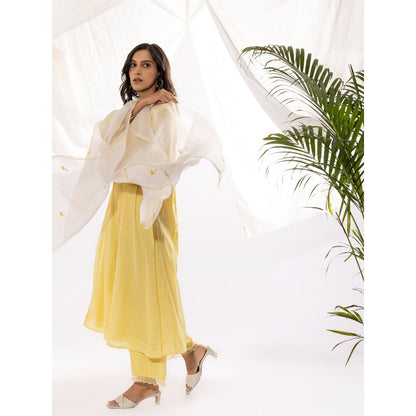 PANTS AND PAJAMAS Light Yellow Printed Chanderi Mull Kurta with Pant & Dupatta (Set of 3)