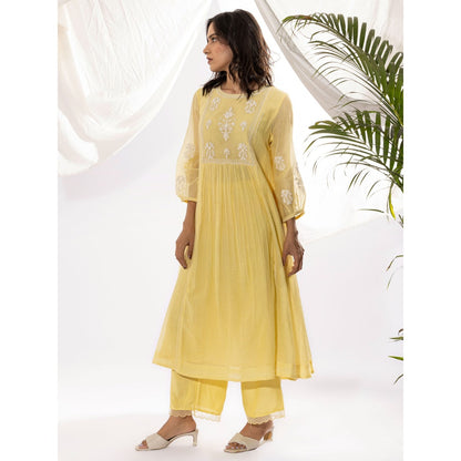 PANTS AND PAJAMAS Light Yellow Printed Chanderi Mull Kurta with Pant & Dupatta (Set of 3)