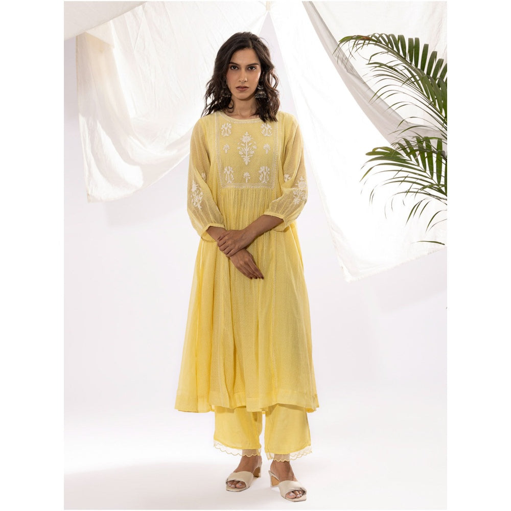 PANTS AND PAJAMAS Light Yellow Printed Chanderi Mull Kurta with Pant (Set of 2)