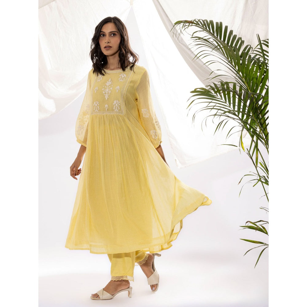 PANTS AND PAJAMAS Light Yellow Printed Chanderi Mull Kurta with Pant (Set of 2)