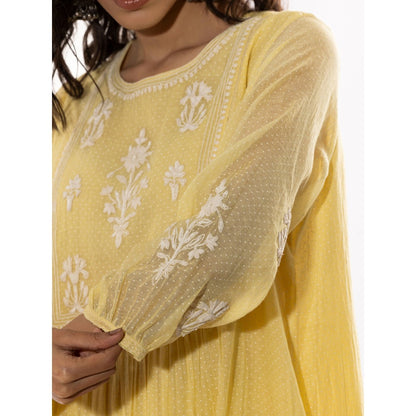 PANTS AND PAJAMAS Light Yellow Printed Chanderi Mull Kurta with Pant (Set of 2)