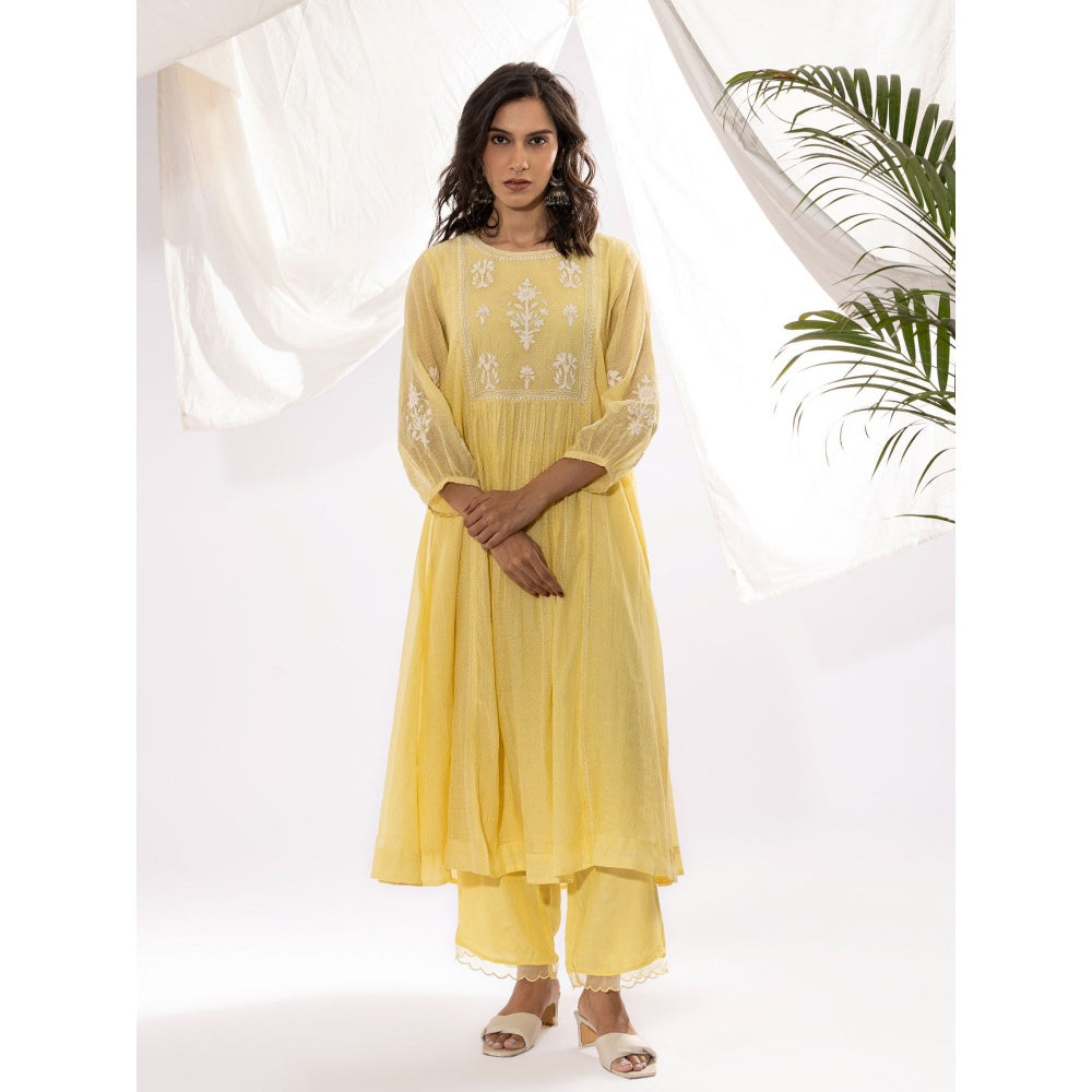 PANTS AND PAJAMAS Light Yellow Printed Chanderi Mull Kurta