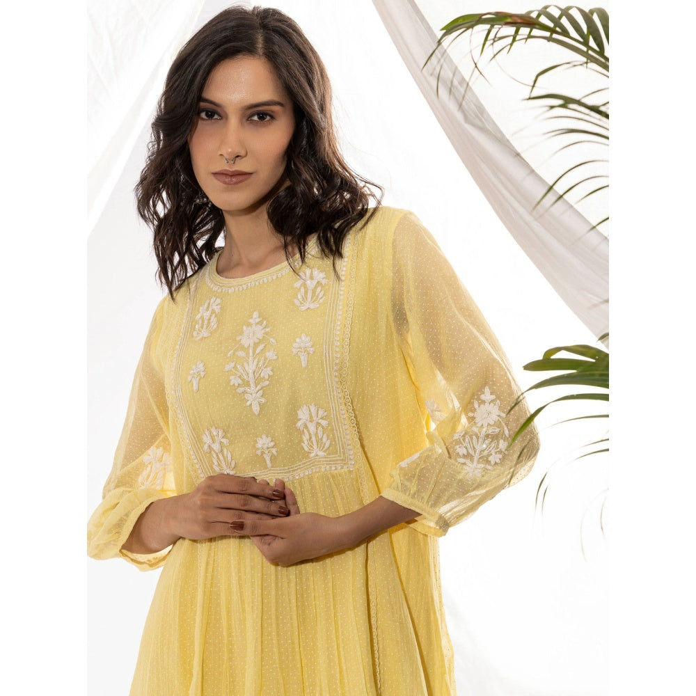 PANTS AND PAJAMAS Light Yellow Printed Chanderi Mull Kurta