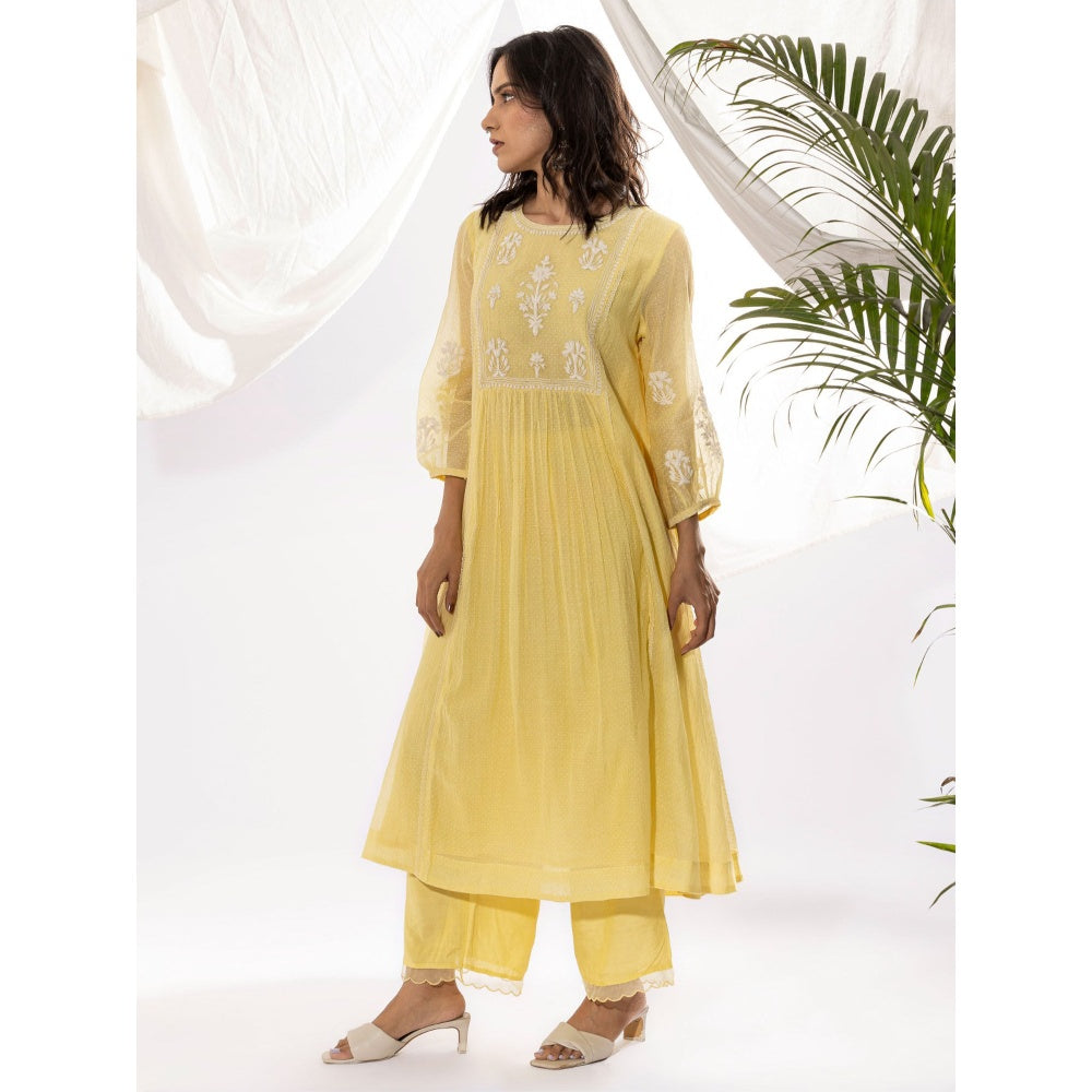 PANTS AND PAJAMAS Light Yellow Printed Chanderi Mull Kurta