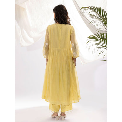 PANTS AND PAJAMAS Light Yellow Printed Chanderi Mull Kurta