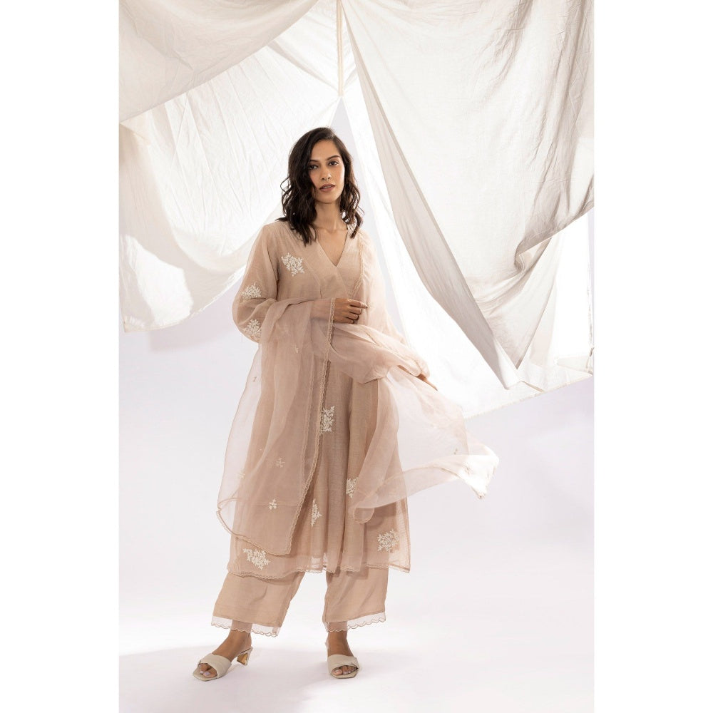 PANTS AND PAJAMAS Ivory Printed Chanderi Mull Kurta with Pant & Dupatta (Set of 3)