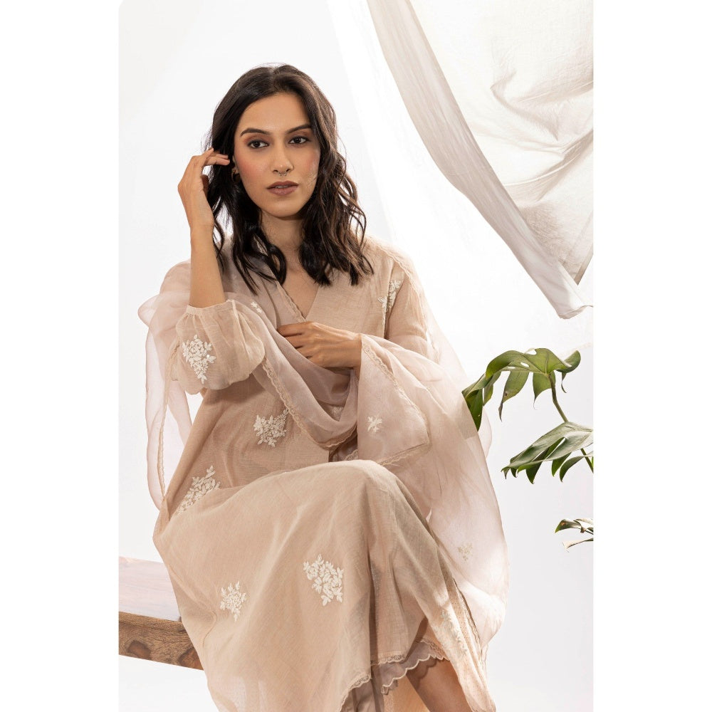 PANTS AND PAJAMAS Ivory Printed Chanderi Mull Kurta with Pant & Dupatta (Set of 3)