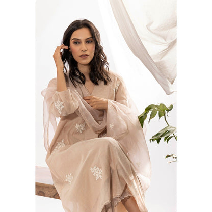 PANTS AND PAJAMAS Ivory Printed Chanderi Mull Kurta with Pant & Dupatta (Set of 3)